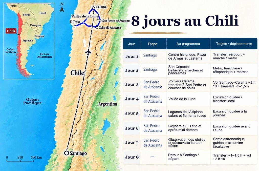 Carte illustrée du parcours de 8 jours au Chili, de Santiago à Calama et San Pedro de Atacama, avec un panneau d’itinéraire jour par jour