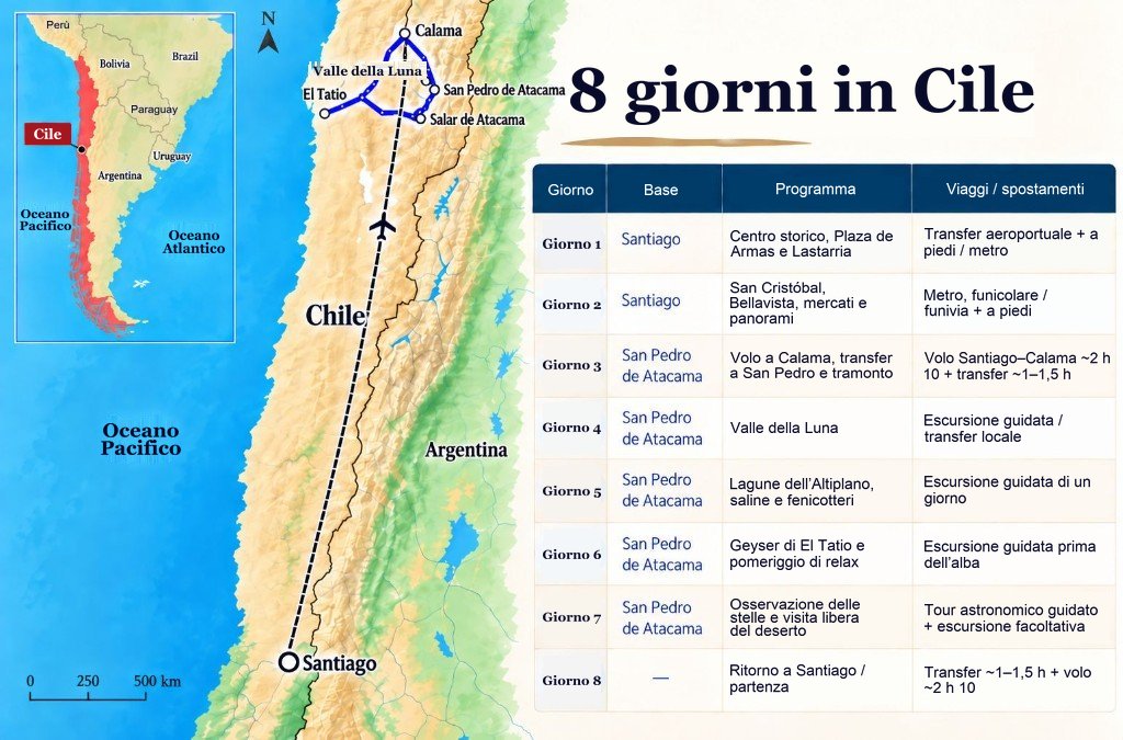 Mappa illustrata del percorso di 8 giorni in Cile da Santiago a Calama e San Pedro de Atacama, con un pannello dell’itinerario giorno per giorno