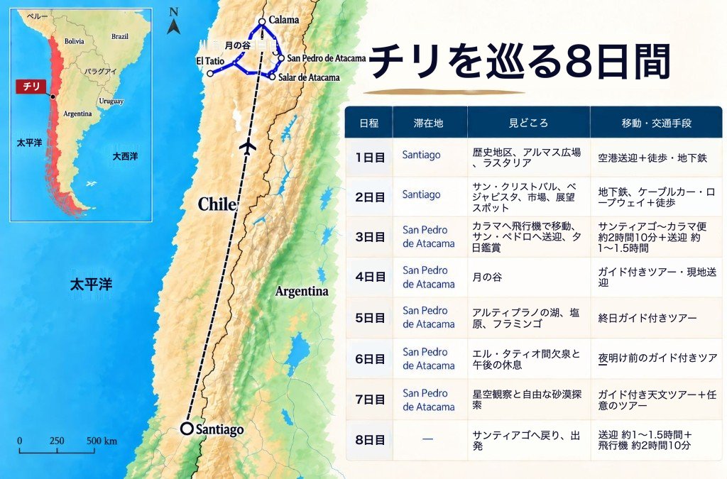 サンティアゴからカラマ、サンペドロ・デ・アタカマへ向かうチリ8日間ルートのイラストマップと日ごとの旅程パネル