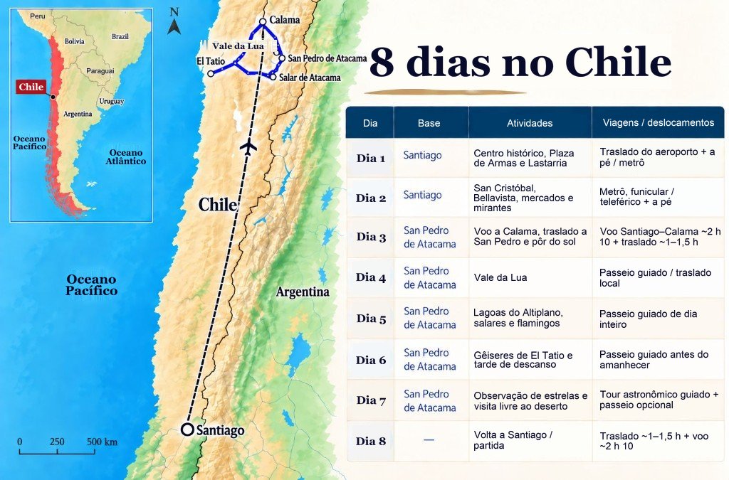 Mapa ilustrado da rota de 8 dias no Chile, de Santiago a Calama e San Pedro de Atacama, com um painel de roteiro dia a dia