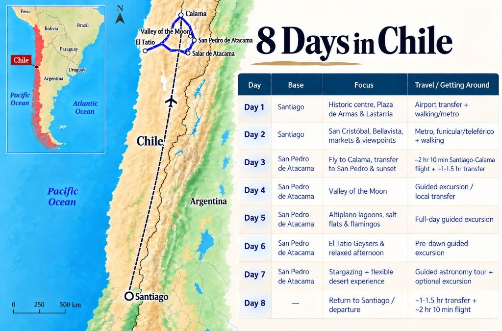 Illustrated 8-day Chile route map from Santiago to Calama and San Pedro de Atacama, with a day-by-day itinerary panel