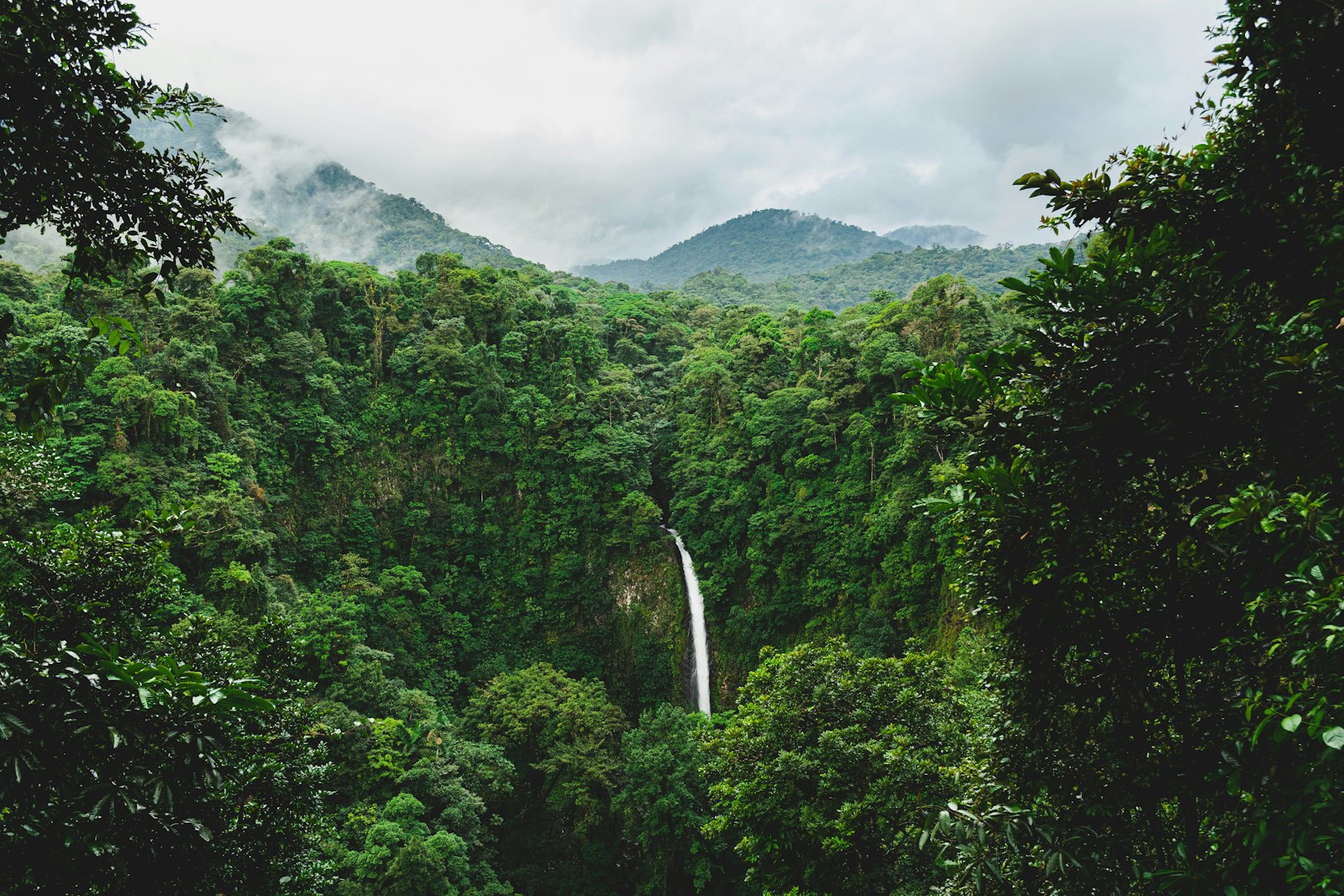 Green rainforest covering a mountain under white clouds near La Fortuna, Costa Rica