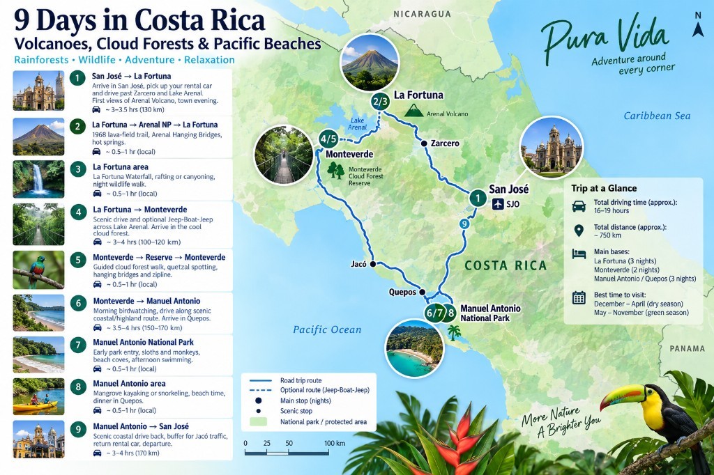 Illustrated 9-day Costa Rica itinerary map from San José to La Fortuna and Arenal, across Lake Arenal to Monteverde, then south to Quepos and Manuel Antonio National Park
