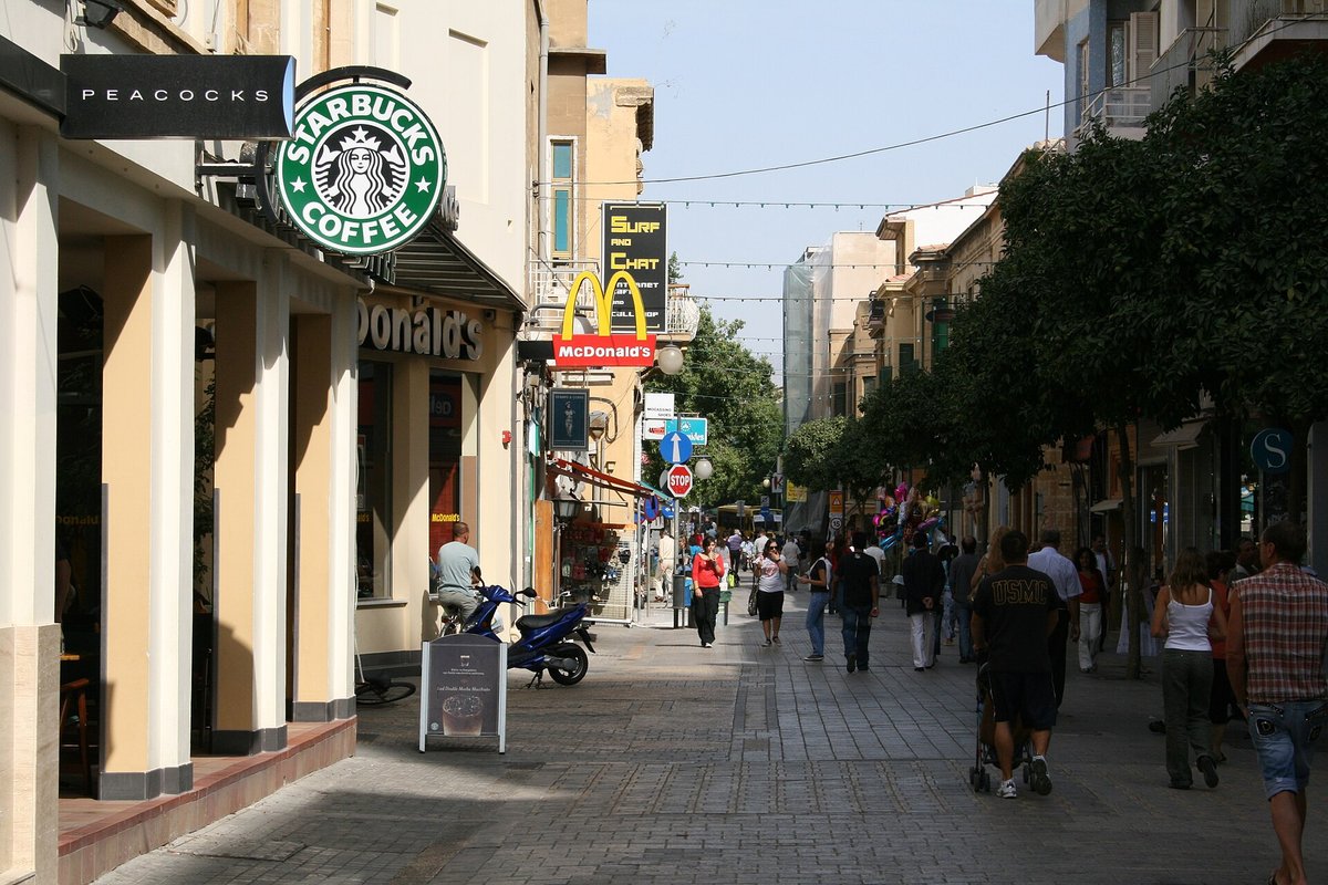 Ledra Street in Nicosia, a busy pedestrian shopping street lined with shops, cafés and historic buildings