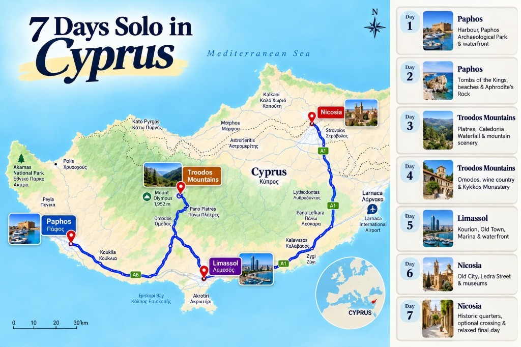 Illustrated 7-day Cyprus route map showing the drive from Paphos to the Troodos Mountains, Limassol and Nicosia, alongside a day-by-day itinerary panel