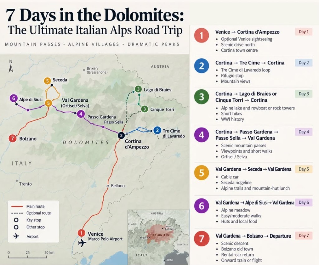 Illustrated 7-day Dolomites road trip map from Venice Marco Polo Airport to Cortina d’Ampezzo, Tre Cime, Lago di Braies, Passo Gardena, Val Gardena, Seceda, Alpe di Siusi and Bolzano