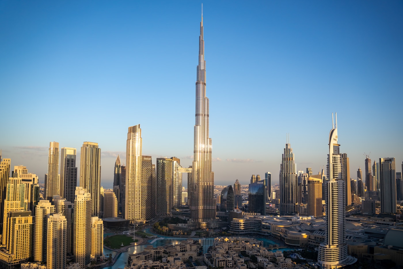 Aerial view of Downtown Dubai with tall buildings and Burj Khalifa