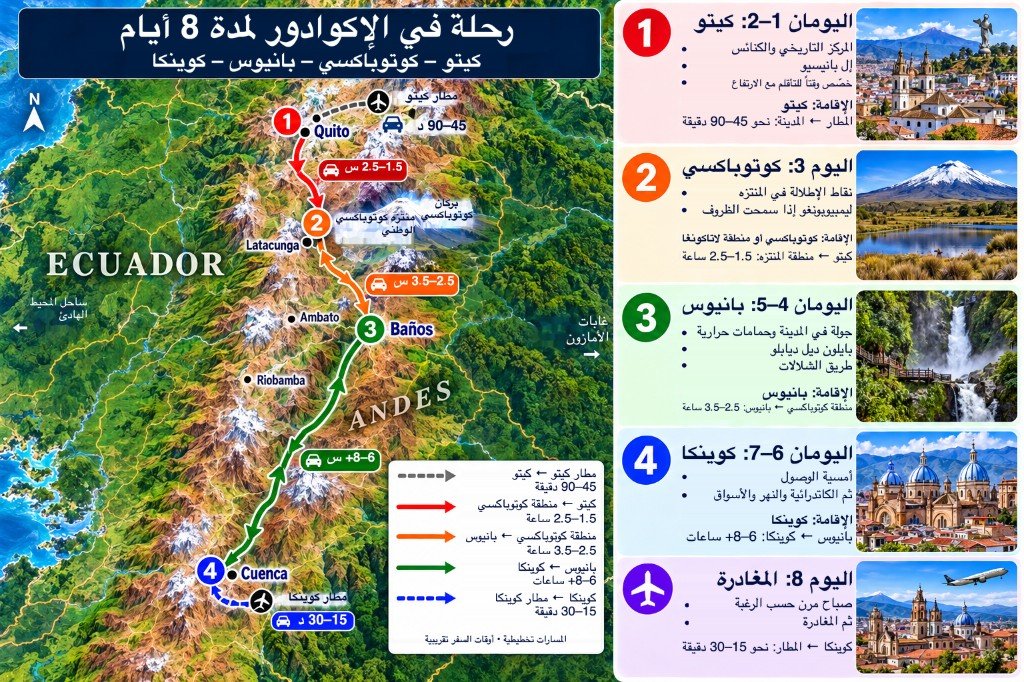 خريطة مصوّرة لرحلة 8 أيام في الإكوادور من كيتو إلى كوتوباكسي وبانوس وكوينكا مع لوحة يوم بيوم
