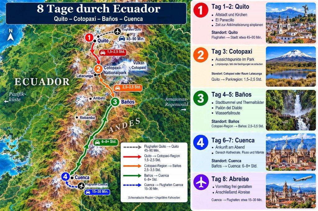 Illustrierte 8-Tage-Karte durch Ecuador von Quito südwärts nach Cotopaxi, Baños und Cuenca, mit Tag-für-Tag-Panel
