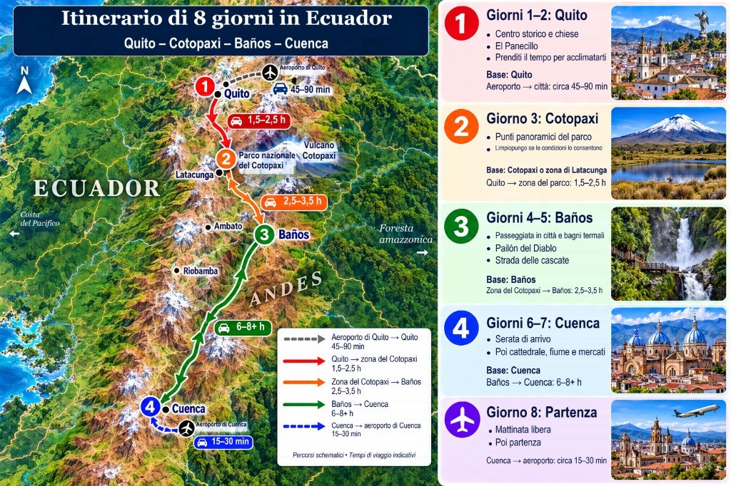 Mappa illustrata di 8 giorni in Ecuador da Quito a Cotopaxi, Baños e Cuenca, con pannello giorno per giorno