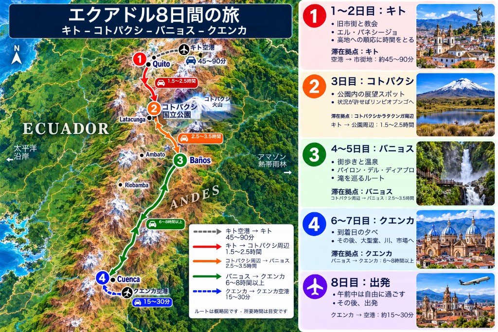エクアドル8日間のイラスト地図。キトからコトパクシ、バニョス、クエンカへ、日別パネル付き
