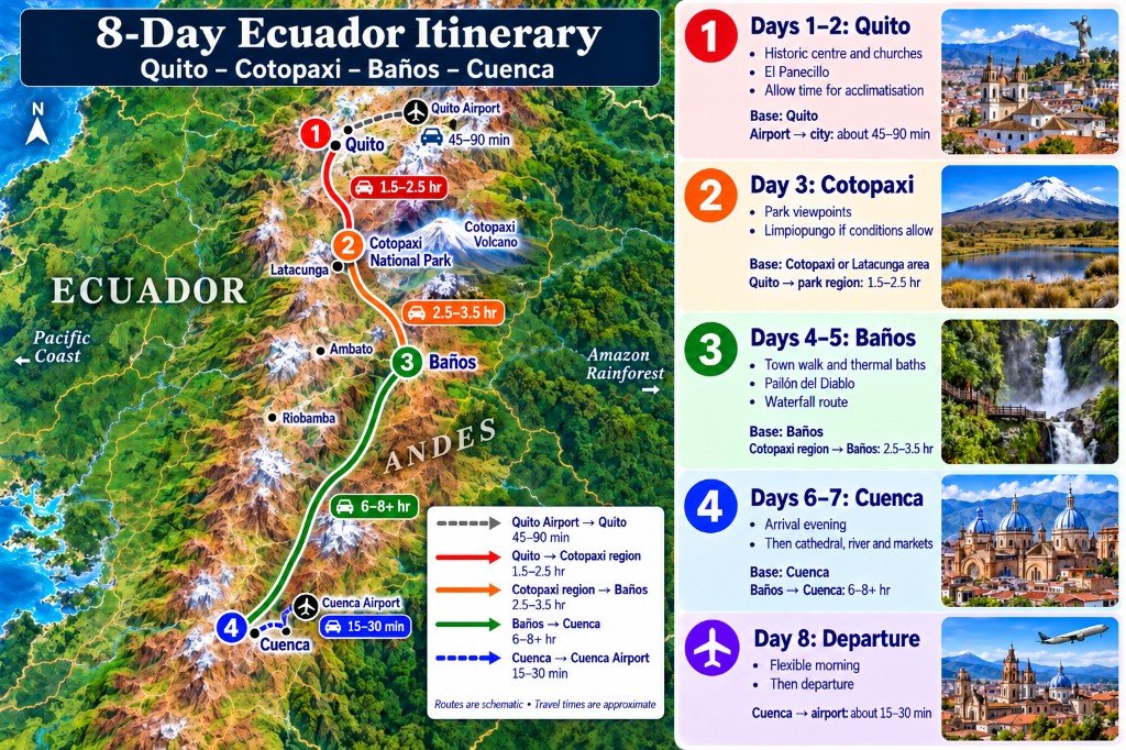 Illustrated 8-day Ecuador itinerary map from Quito south to Cotopaxi, Baños and Cuenca, with a day-by-day panel