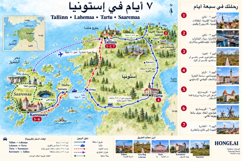 خريطة طريق إستونيا مصورة لمدة 7 أيام من Tallinn إلى Lahemaa، Tartu و Kuressaare على Saaremaa، مع لوحة خط سير الرحلة يومًا بيوم