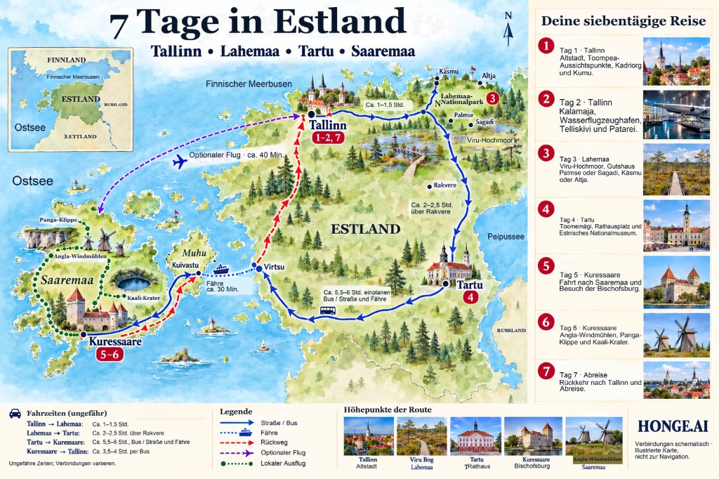 Illustrierte 7-Tage-Estland-Karte von Tallinn über Lahemaa und Tartu nach Kuressaare auf Saaremaa, mit Tagesplan