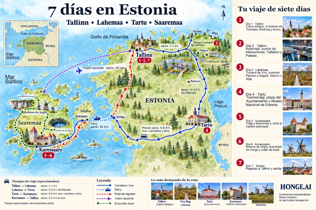 Mapa ilustrado de la ruta estonia de 7 días: Tallin, Lahemaa, Tartu y Kuressaare en Saaremaa, con panel día a día