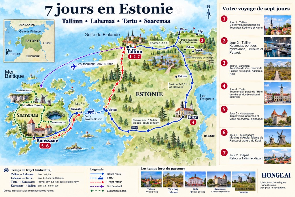 Carte illustrée du parcours estonien sur 7 jours : Tallinn, Lahemaa, Tartu et Kuressaare à Saaremaa, avec panneau jour par jour