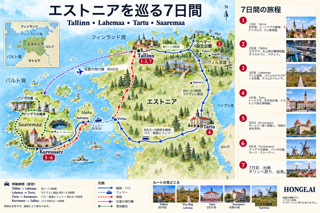 TallinnからLahemaa、Tartu、KuressaareのSaaremaaまでの7日間のエストニアルートマップ（日別旅程パネル付き）