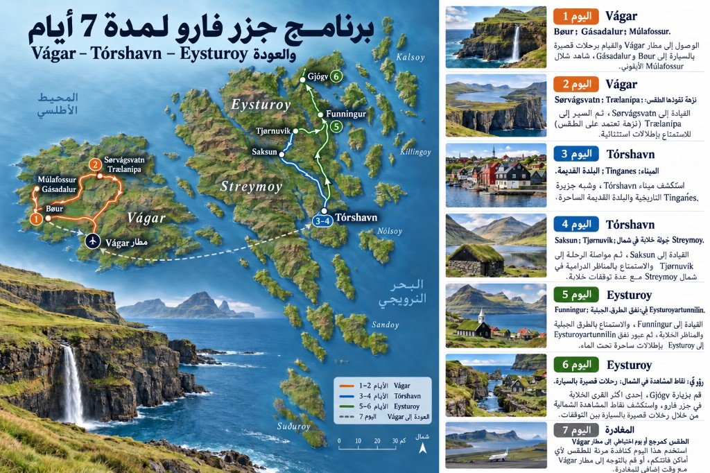 خريطة مسار مصوّرة لسبعة أيام في جزر فارو: من Vágar إلى Tórshavn وEysturoy ثم العودة إلى مطار Vágar، مع لوحة يوم بيوم