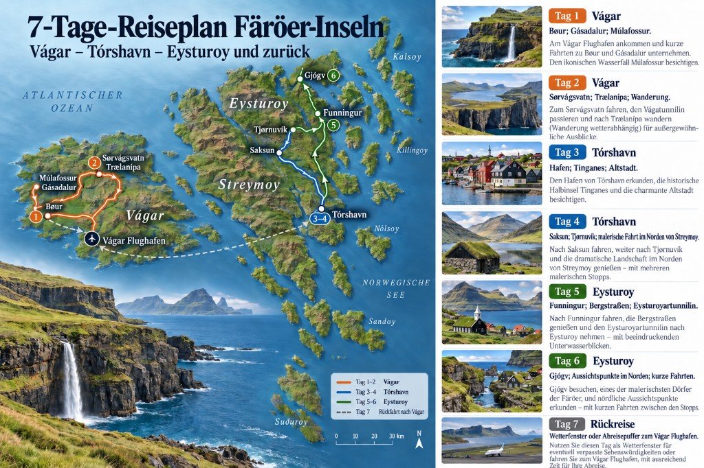 Illustrierte 7-Tage-Routenkarte der Färöer: von Vágar nach Tórshavn und Eysturoy, zurück zum Flughafen Vágar, mit Tagesübersicht