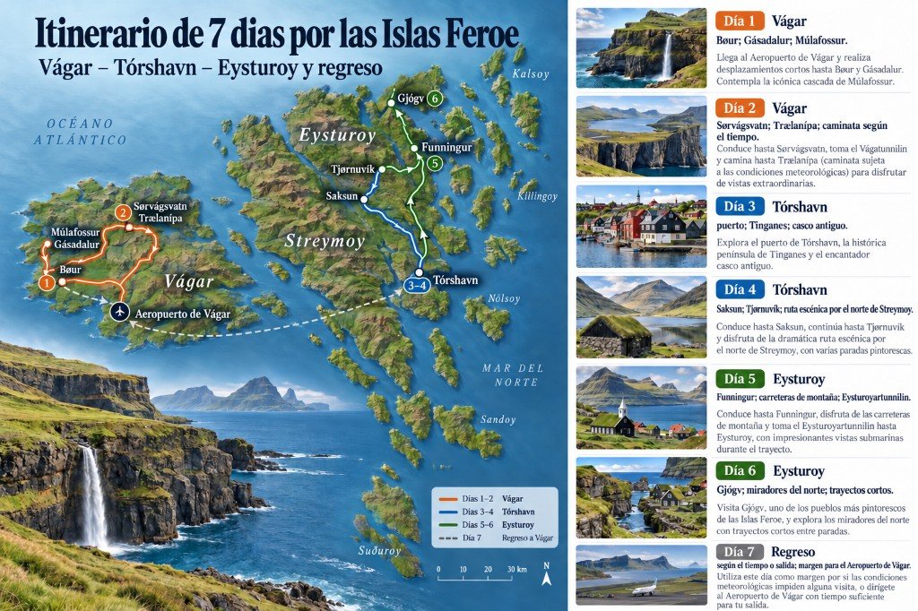 Mapa ilustrado de 7 días por las islas Feroe: de Vágar a Tórshavn y Eysturoy, y vuelta al aeropuerto de Vágar, con panel día a día