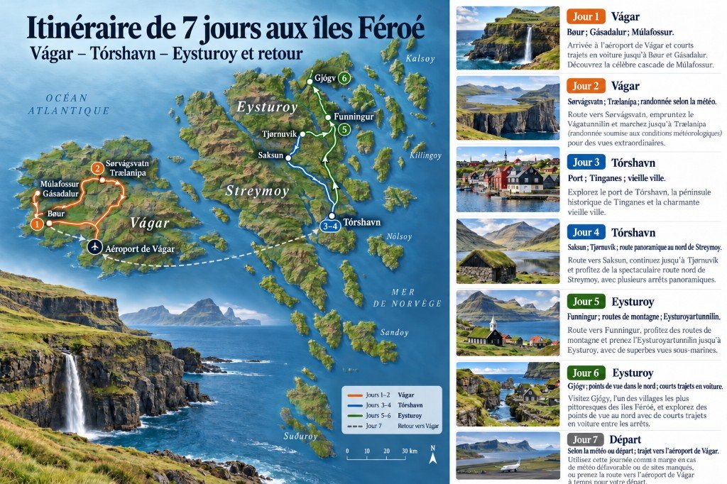 Carte illustrée de 7 jours aux Îles Féroé : Vágar vers Tórshavn et Eysturoy, puis retour à l’aéroport de Vágar, avec un panneau jour par jour