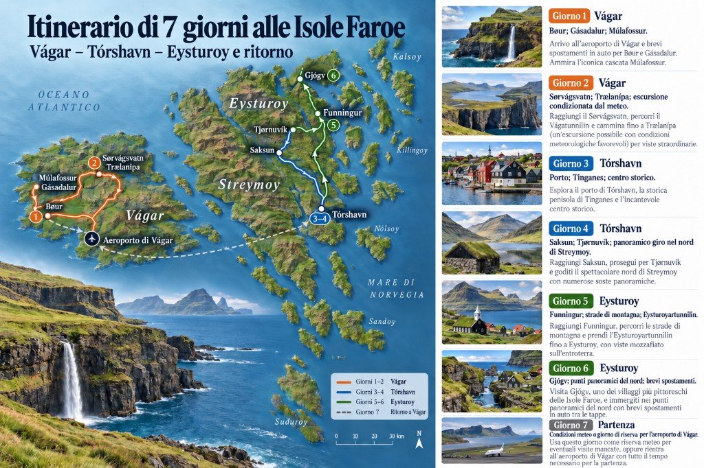 Mappa illustrata di 7 giorni alle Isole Fær Øer: da Vágar a Tórshavn ed Eysturoy, poi ritorno all’aeroporto di Vágar, con pannello giorno per giorno