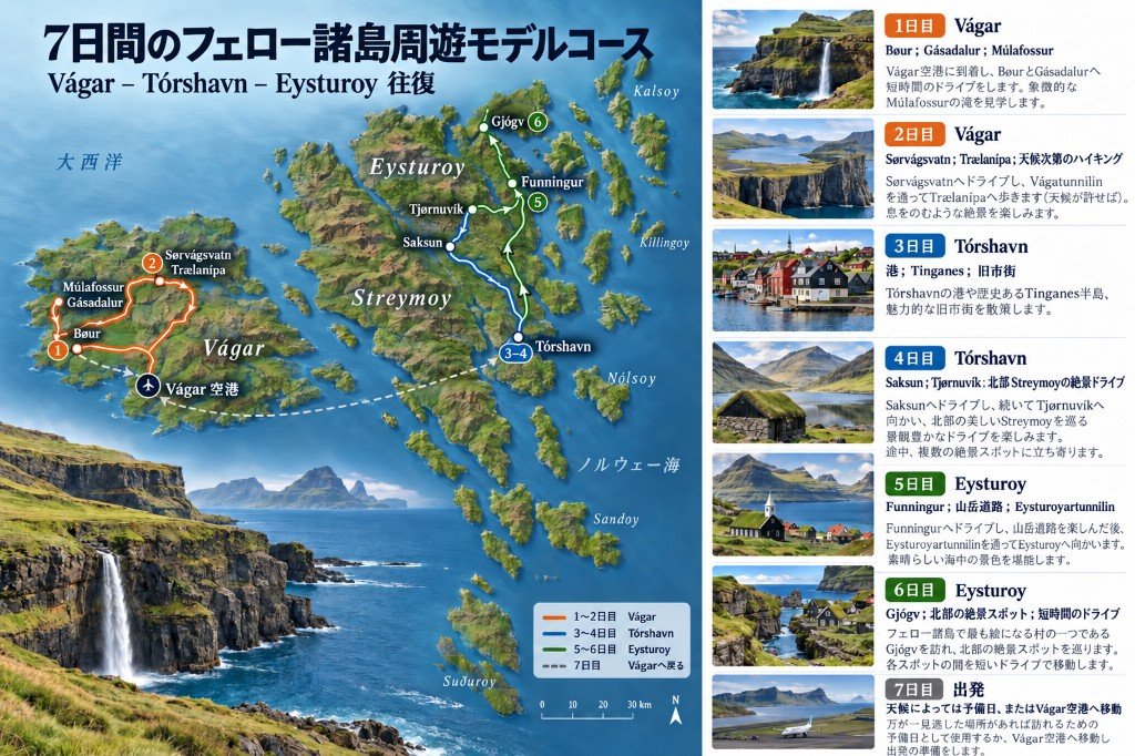 フェロー諸島7日間の図示ルートマップ。ヴォーアルからトースハウンとエイストゥロイへ行き、ヴォーアル空港へ戻る。日ごとのパネル付き