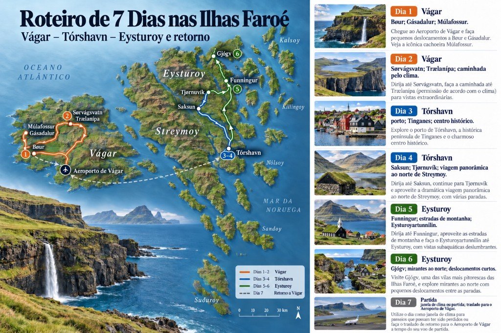 Mapa ilustrado de 7 dias nas Ilhas Faroé: de Vágar a Tórshavn e Eysturoy, com volta ao aeroporto de Vágar e painel dia a dia