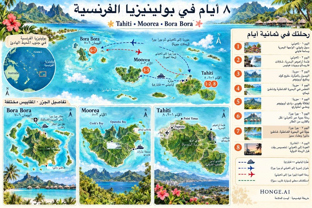 خريطة موضحة لمسار بولينيزيا الفرنسية في 8 أيام من تاهيتي بالعبارة إلى موريا ثم بالطيران عبر تاهيتي إلى بورا بورا، مع لوحات يوم بيوم وخرائط جزر مضمّنة
