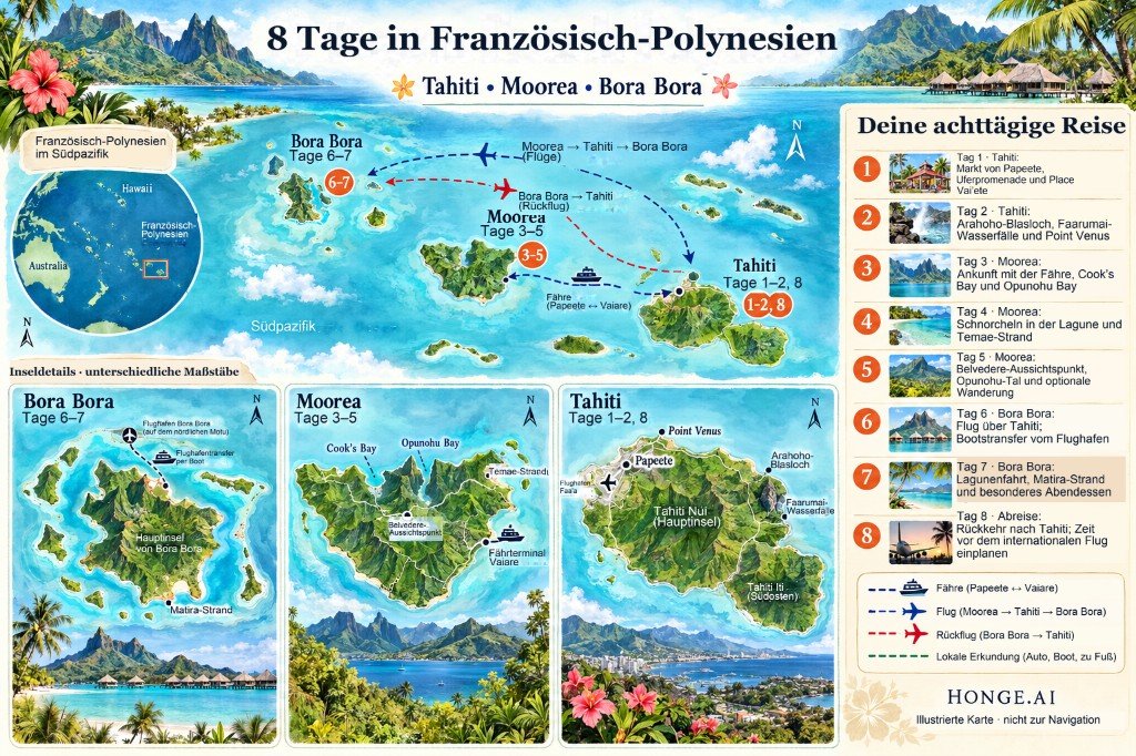 Illustrierte 8-Tage-Routenkarte Französisch-Polynesien von Tahiti per Fähre nach Moorea, dann per Flug über Tahiti nach Bora Bora, mit Tag-für-Tag-Feldern und Insel-Insets