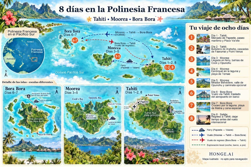 Mapa ilustrado de la ruta de 8 días por la Polinesia Francesa desde Tahití en ferry a Moorea y luego en vuelo vía Tahití a Bora Bora, con paneles día a día e insets de las islas