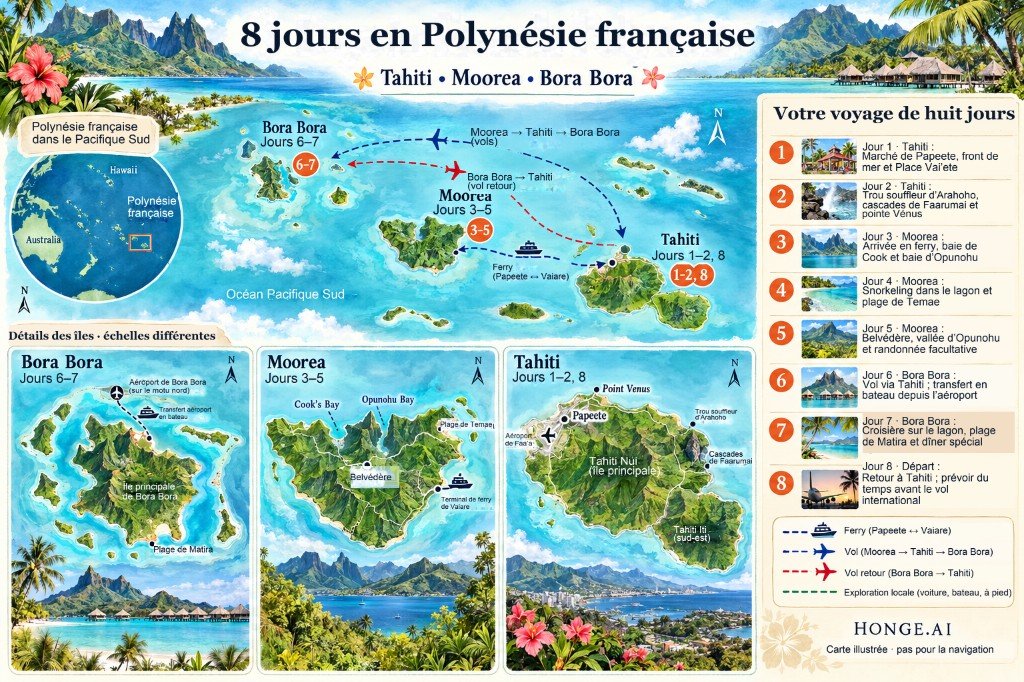Carte illustrée du parcours Polynésie française en 8 jours, de Tahiti en ferry vers Moorea, puis en vol via Tahiti vers Bora Bora, avec panneaux jour par jour et encarts des îles