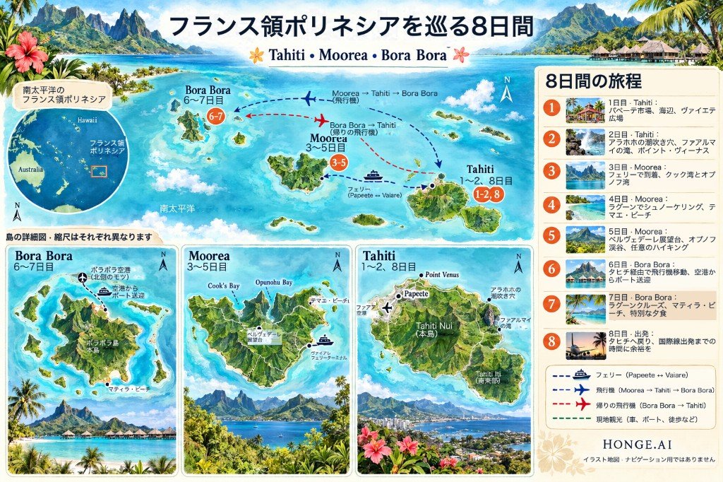 タヒチからフェリーでモーレアへ、さらにタヒチ経由のフライトでボラボラへ至るフランス領ポリネシア8日間ルートのイラストマップ。日ごとのパネルと島の差し込み地図付き