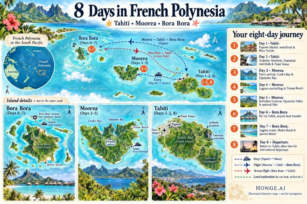 Illustrated 8-day French Polynesia route map from Tahiti by ferry to Moorea, then by flight via Tahiti to Bora Bora, with day-by-day panels and island inset maps