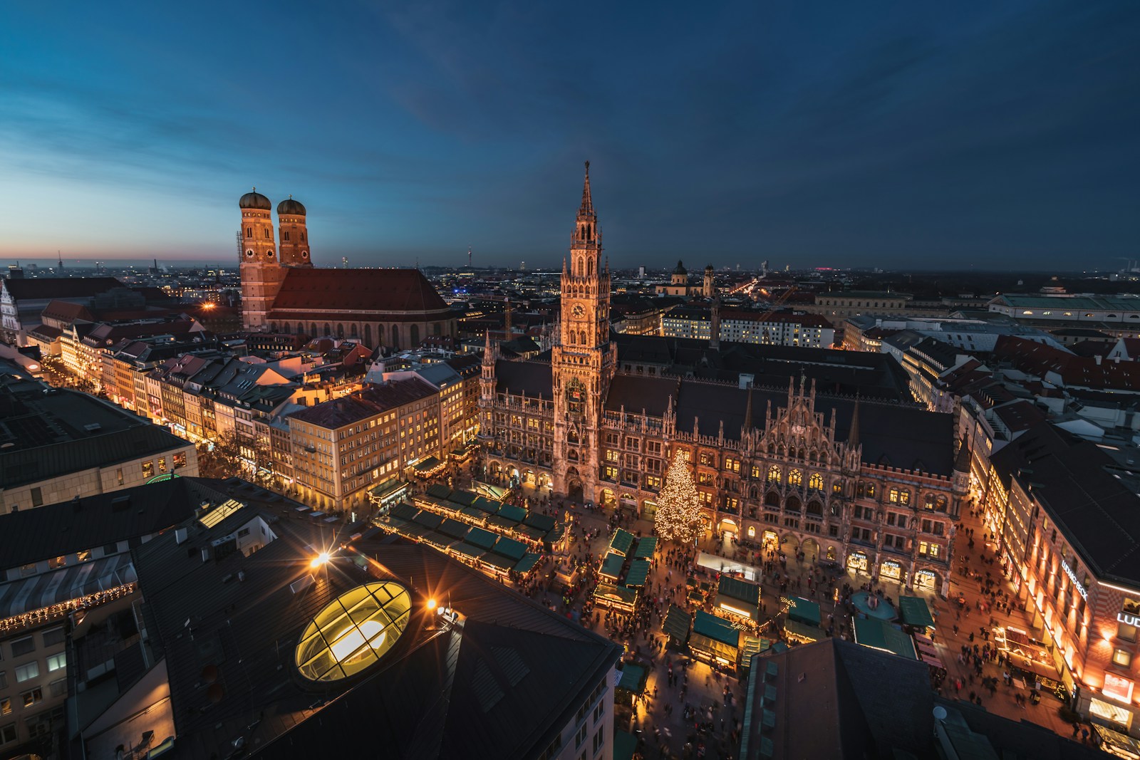 Aerial night view of Marienplatz and Munich Old Town