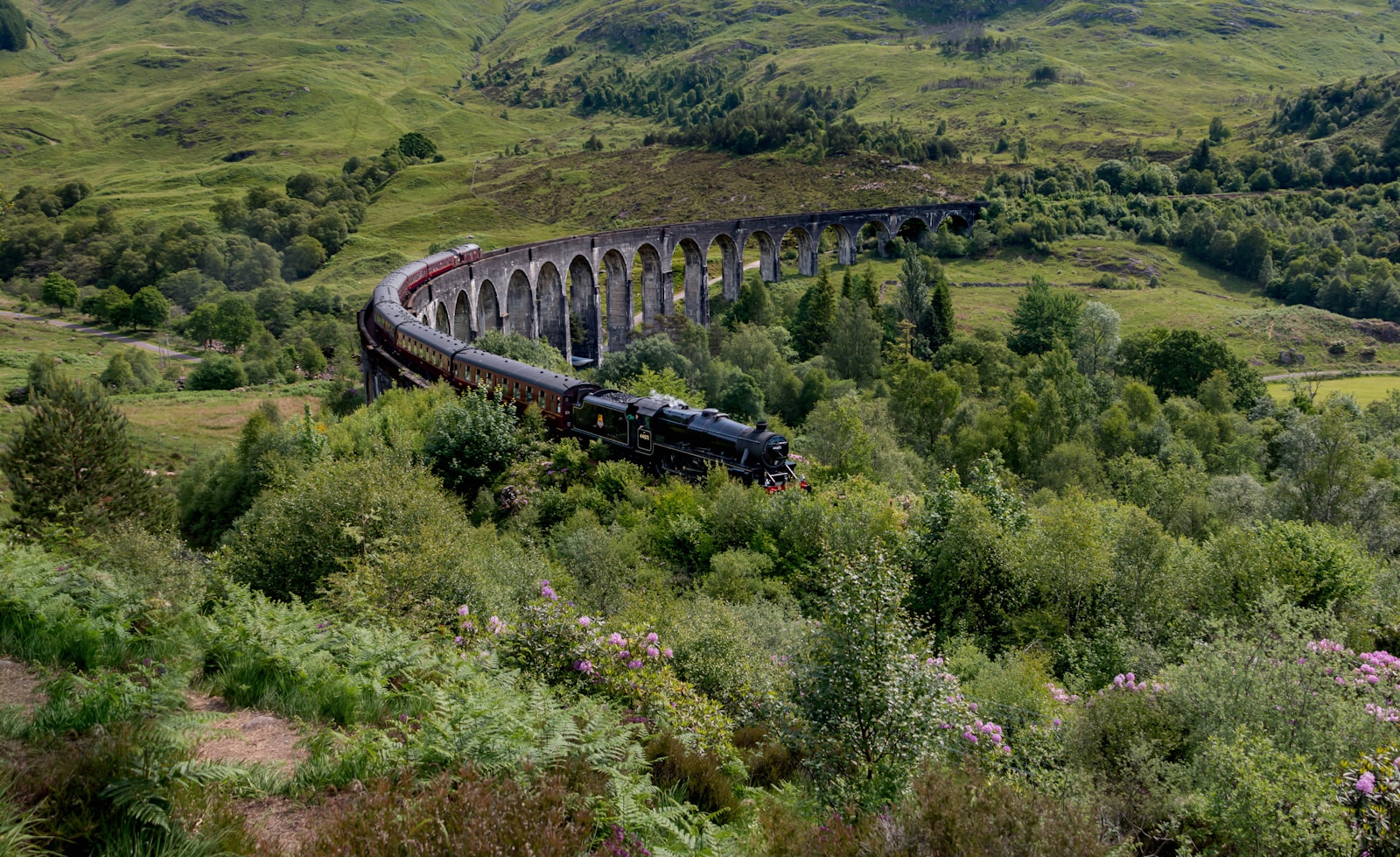 Steam train crossing the Glenfinnan Viaduct through green Highland hills in Scotland