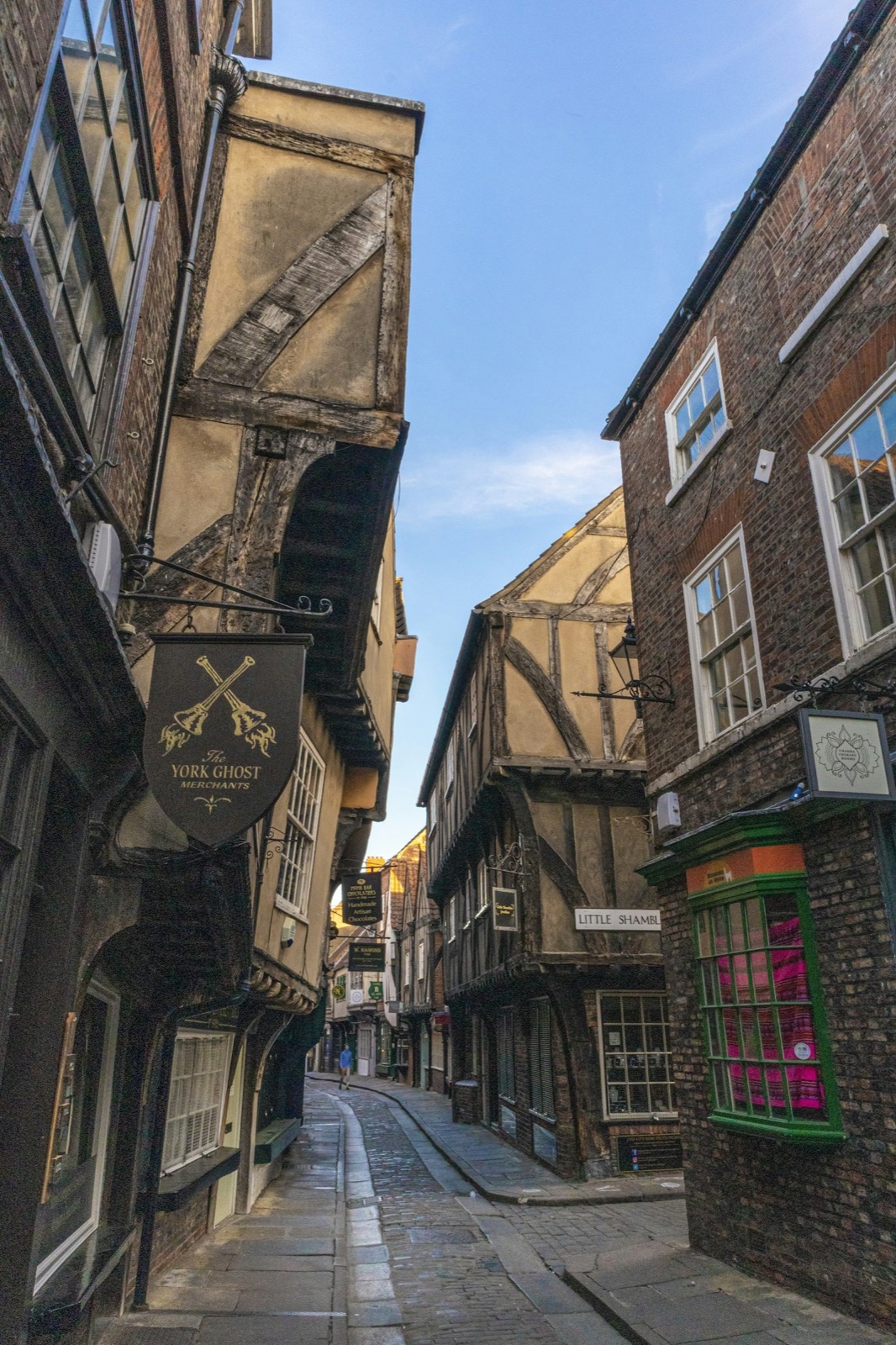 The Shambles medieval street in York with timber-framed buildings and cobbled lane