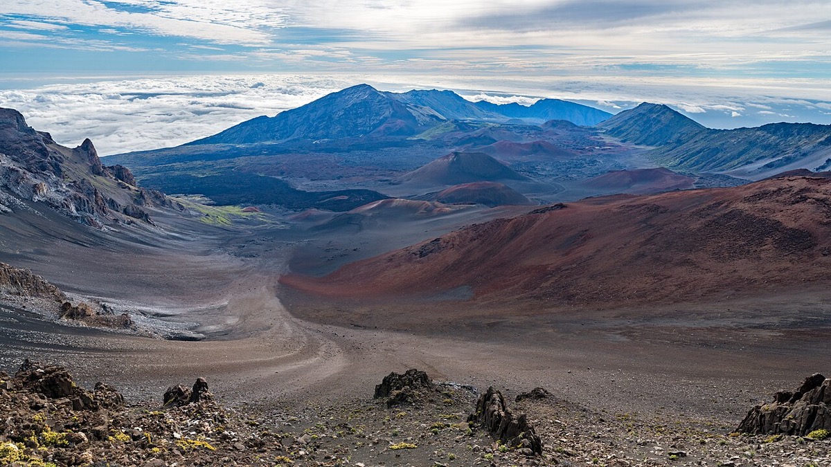 Haleakalā crater on Maui with volcanic cinder cones and a wide arid summit landscape