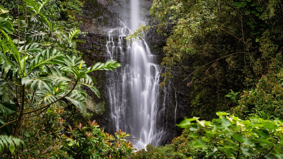 Wailua Falls along the Road to Hana on Maui, cascading through lush green cliffs
