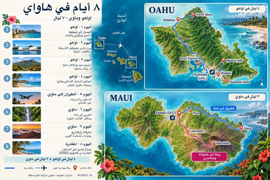 خريطة طريق Hawaii مصورة لمدة 8 أيام لـ Oahu وMaui، مع توقفات يومية من Waikiki وPearl Harbor إلى North Shore، ثم Road to Hana وHaleakalā