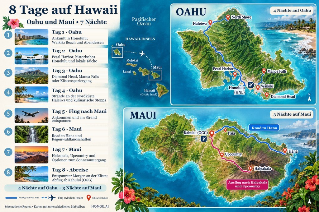 Illustrierte 8-Tage-Routenkarte für Hawaii mit Oahu und Maui, Tag für Tag von Waikiki und Pearl Harbor zur North Shore, dann Road to Hana und Haleakalā
