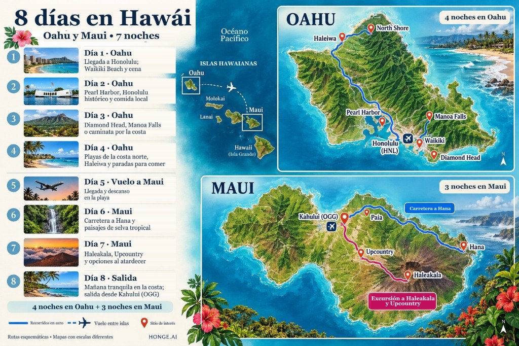 Mapa ilustrado de 8 días en Hawái por Oahu y Maui, día a día desde Waikiki y Pearl Harbor hasta la North Shore, luego Road to Hana y Haleakalā