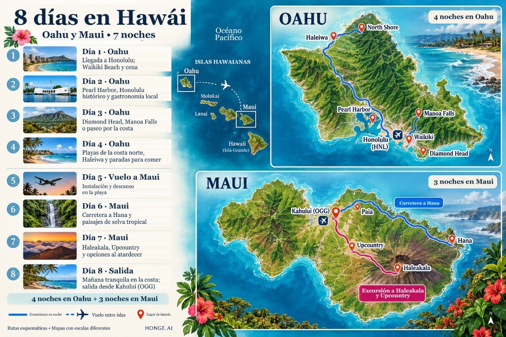 Mapa ilustrado de 8 días en Hawái por Oahu y Maui, día a día desde Waikiki y Pearl Harbor hasta la North Shore, luego Road to Hana y Haleakalā