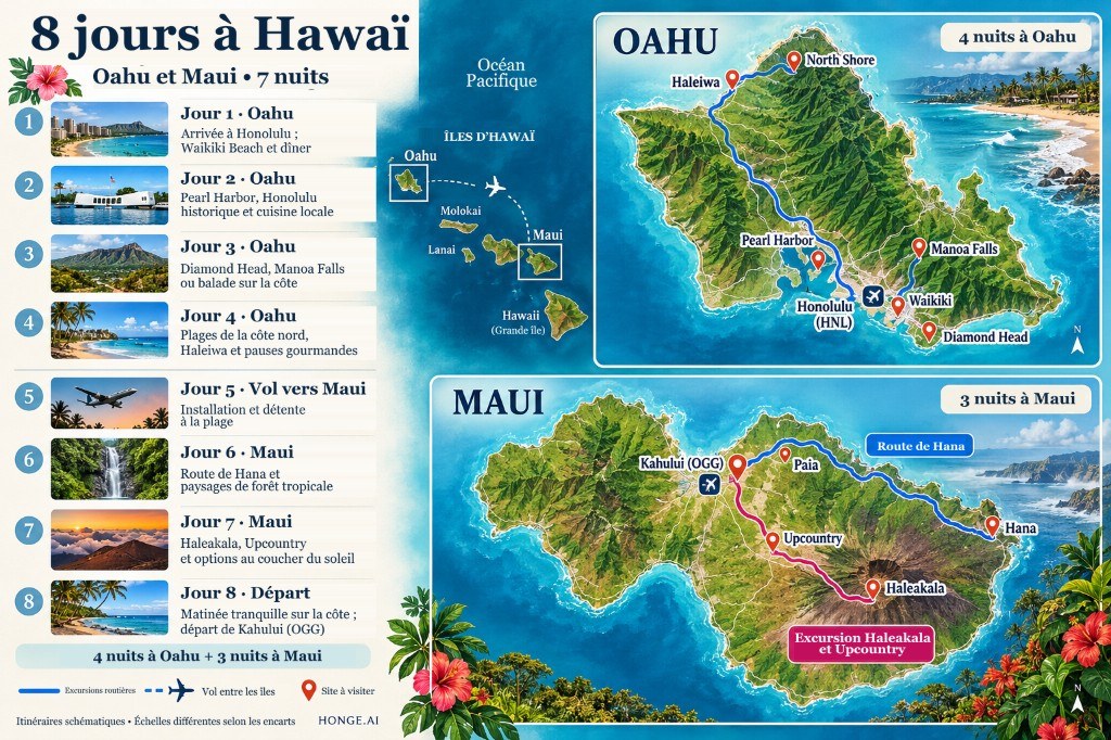 Carte illustrée de 8 jours à Hawaï sur Oahu et Maui, jour par jour de Waikiki et Pearl Harbor à la North Shore, puis Road to Hana et Haleakalā