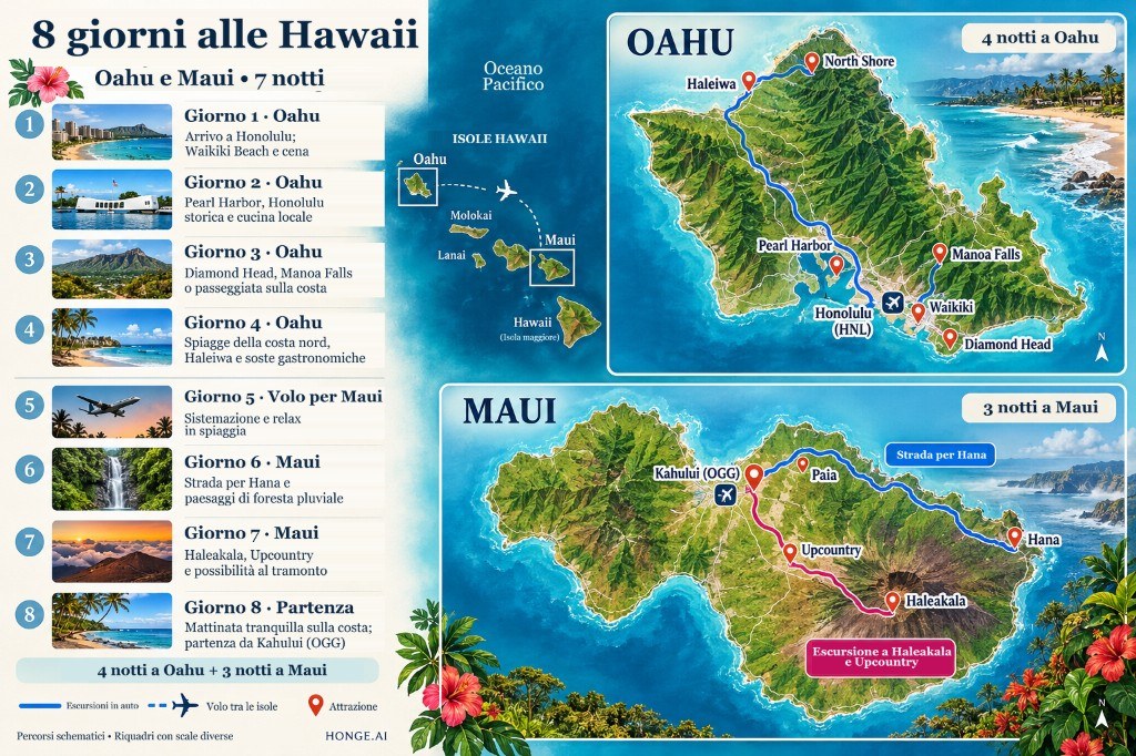 Mappa illustrata di 8 giorni alle Hawaii su Oahu e Maui, giorno per giorno da Waikiki e Pearl Harbor alla North Shore, poi Road to Hana e Haleakalā