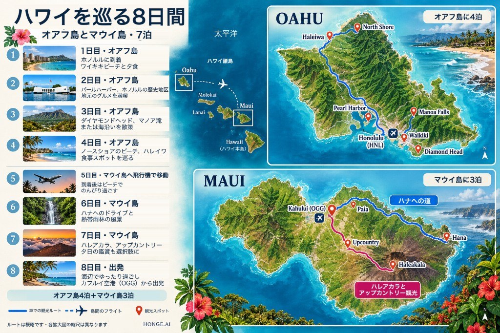 Oahu と Maui の 8 日間の図入り Hawaii ルート マップ。Waikiki と Pearl Harbor から North Shore、その後 Road to Hana と Haleakalā まで毎日停車します。