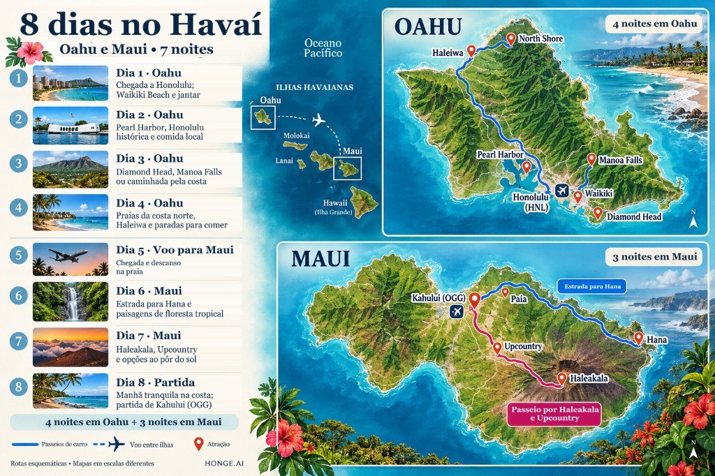 Mapa ilustrado de 8 dias no Havaí por Oahu e Maui, dia a dia de Waikiki e Pearl Harbor até a North Shore, depois Road to Hana e Haleakalā