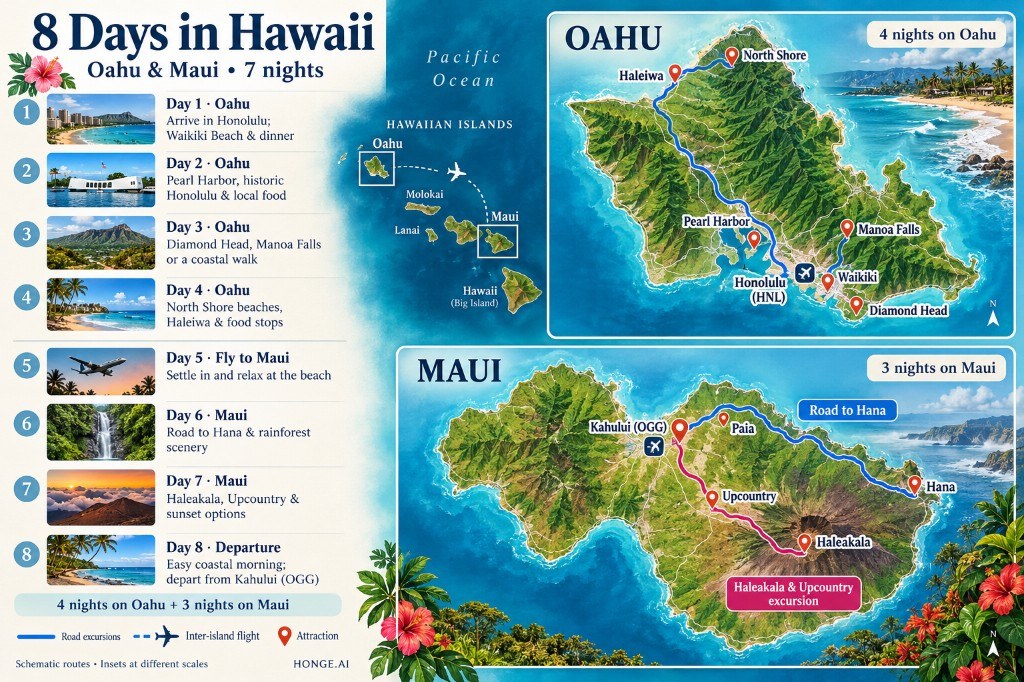 Illustrated 8-day Hawaii route map for Oahu and Maui, with day-by-day stops from Waikiki and Pearl Harbor to the North Shore, then the Road to Hana and Haleakalā