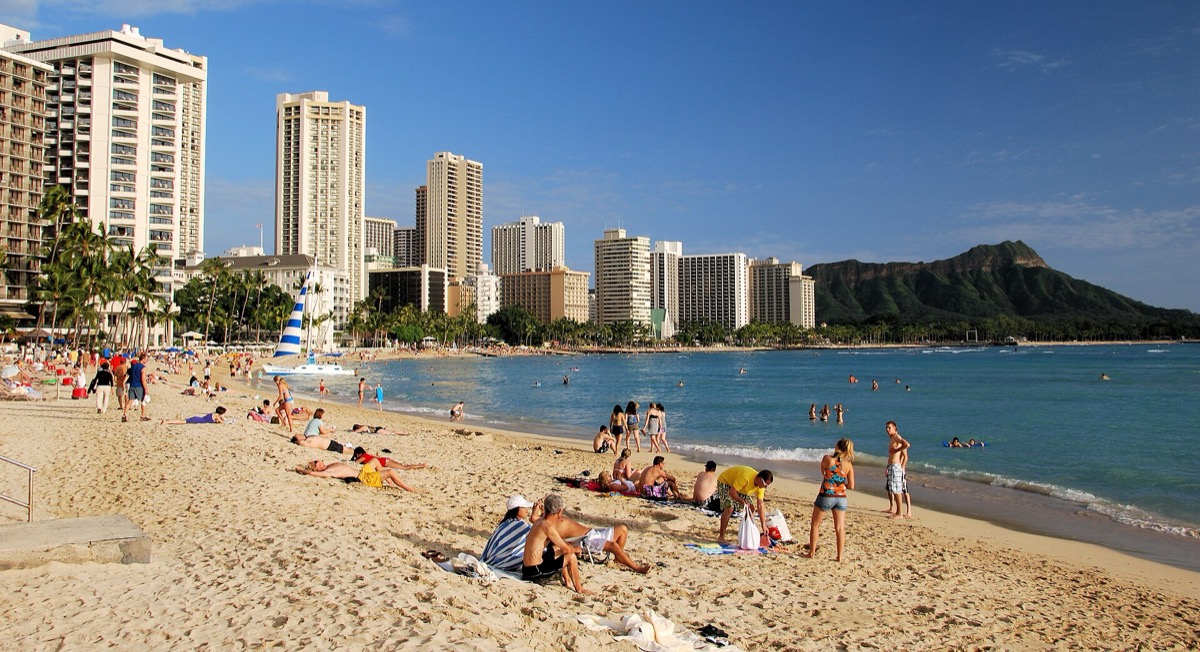 Waikiki Beach in Honolulu with beachfront hotels and turquoise Pacific water