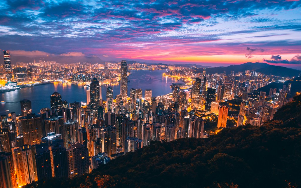 Panoramic view of Hong Kong’s skyline and Victoria Harbour from The Peak